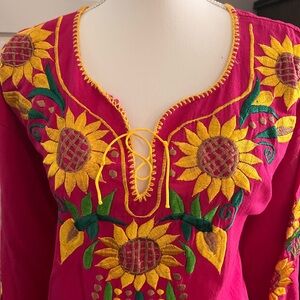 Vibrant Sunflower Embroidered Mexican Dress